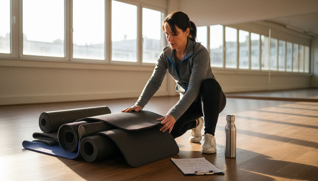 Der Studioleiter wirft einen prüfenden Blick auf die Trainingsmatten, um sicherzustellen, dass alles in einwandfreiem Zustand ist.