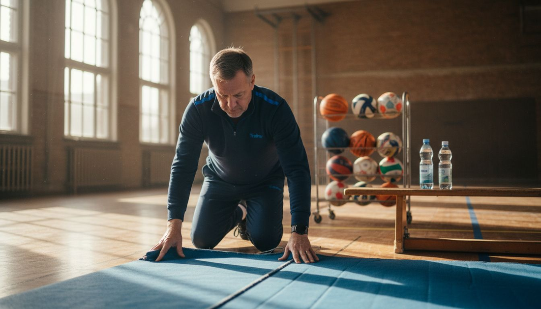 Der Trainer begutachtet die Turnmatte in der Sporthalle.