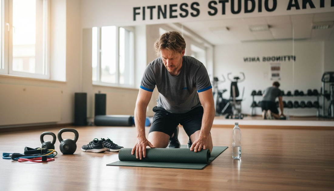 Ein Fitnesstrainer begutachtet eine Trainingsmatte im Studio.