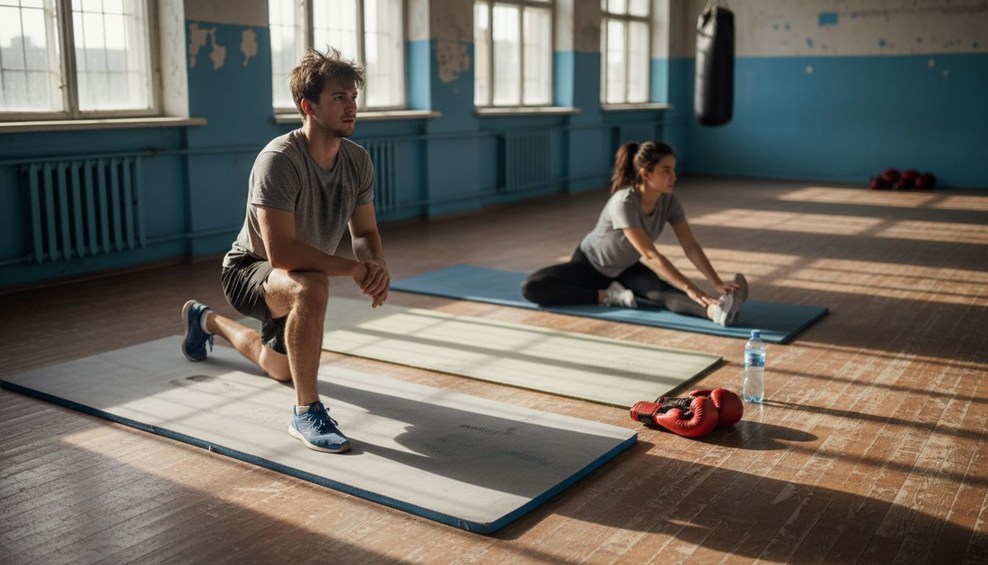 Sportler, die auf Matten mit unterschiedlichen Stärken trainieren