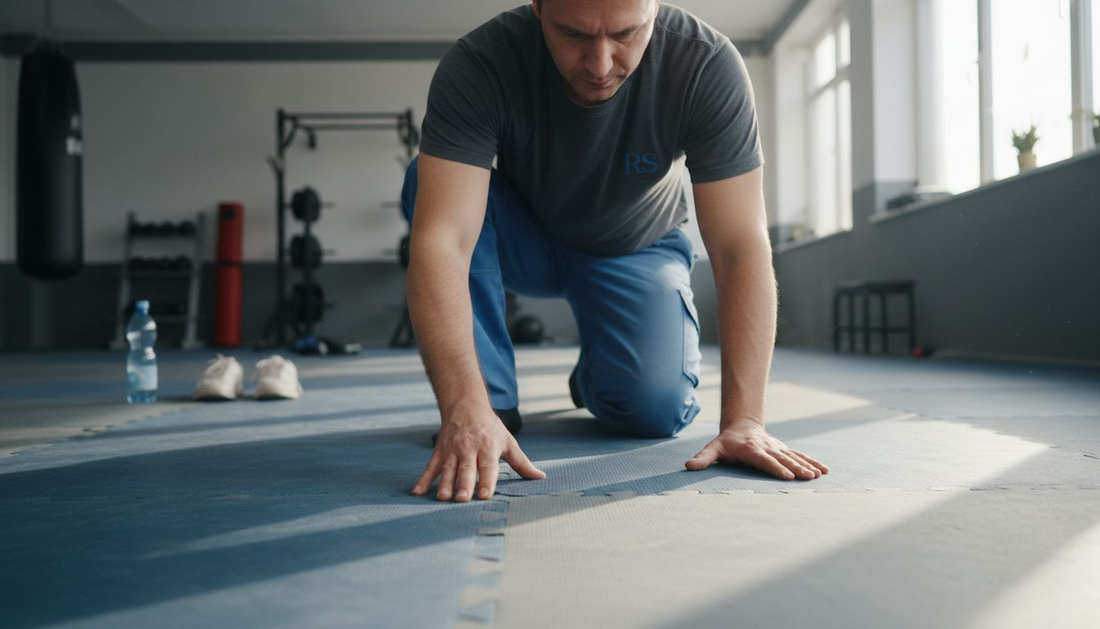 Eine Reinigungskraft kontrolliert, ob die Puzzlematten richtig ineinandergreifen.