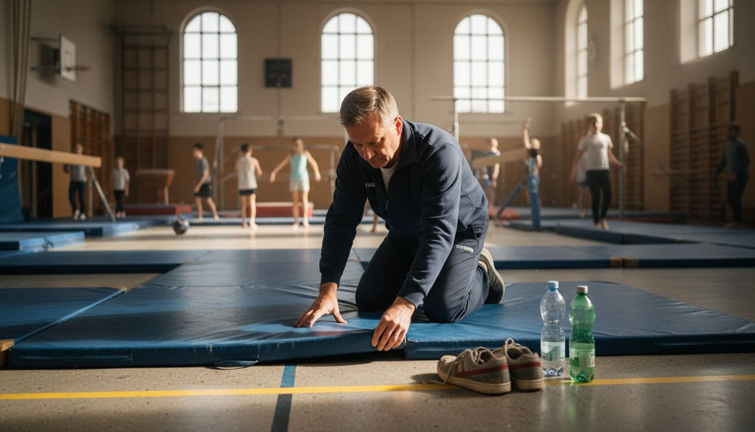 Der Fitnesstrainer richtet die rutschfesten Matten im Kursraum sorgfältig aus.