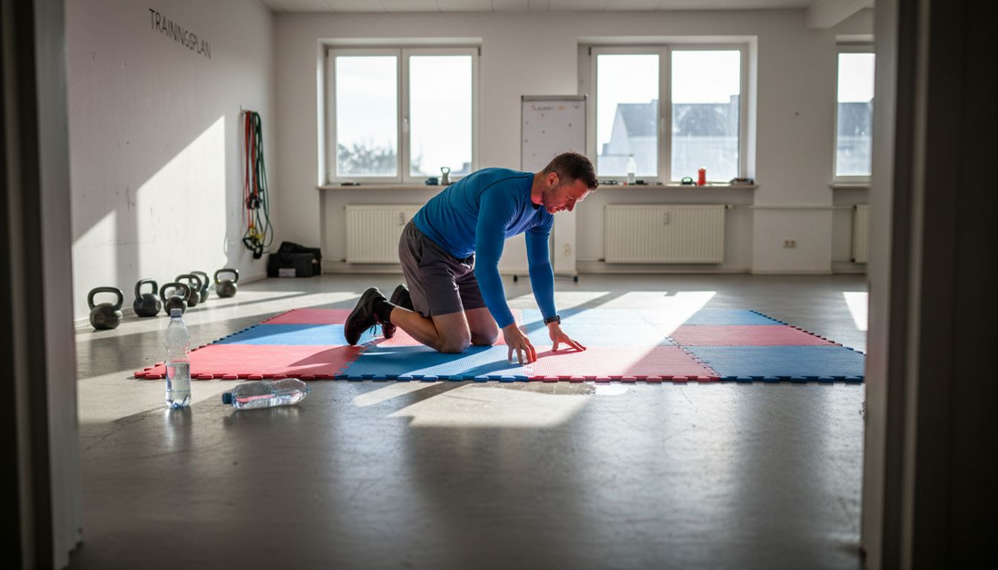 Im sonnendurchfluteten Trainingsraum bereitet der Trainer die Matten für das nächste Workout vor.