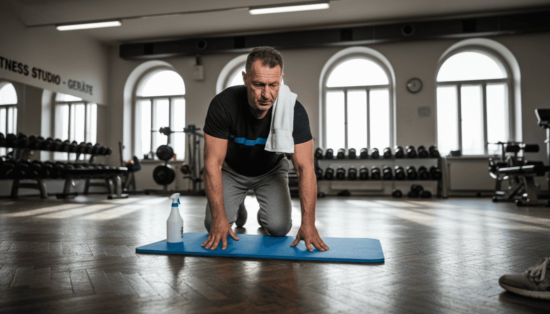 Der Studiobetreiber prüft, ob die Matten im Fitnessbereich ausreichend dick sind.