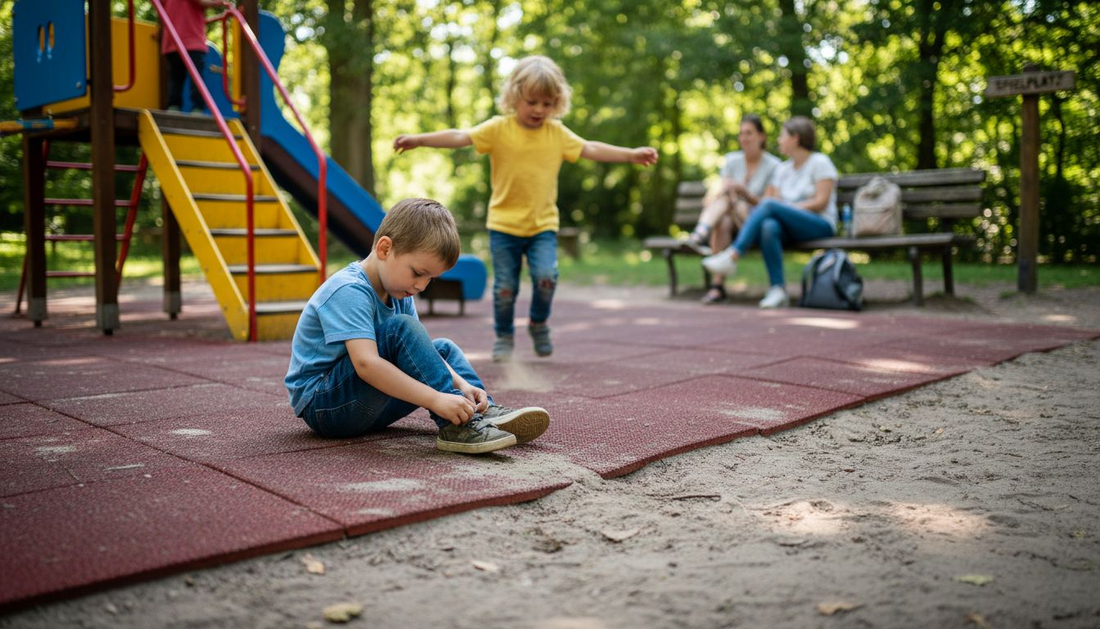 Kinder tollen auf einem Spielplatz mit weichen Fallschutzmatten herum.