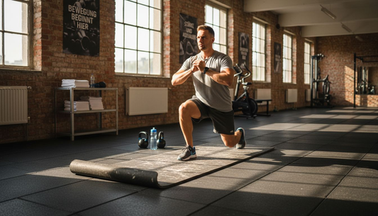 Trainer führt Ausfallschritte auf einer rutschfesten Matte aus.