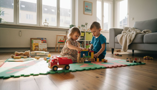 Auf farbenfrohen Sicherheitsmatten toben und spielen die Kinder ausgelassen.