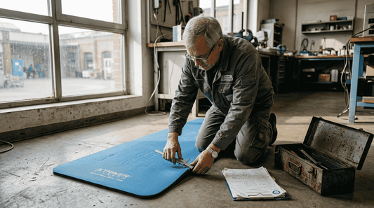 Ein Prüfer begutachtet die Sportmatte im Testlabor auf Herz und Nieren.