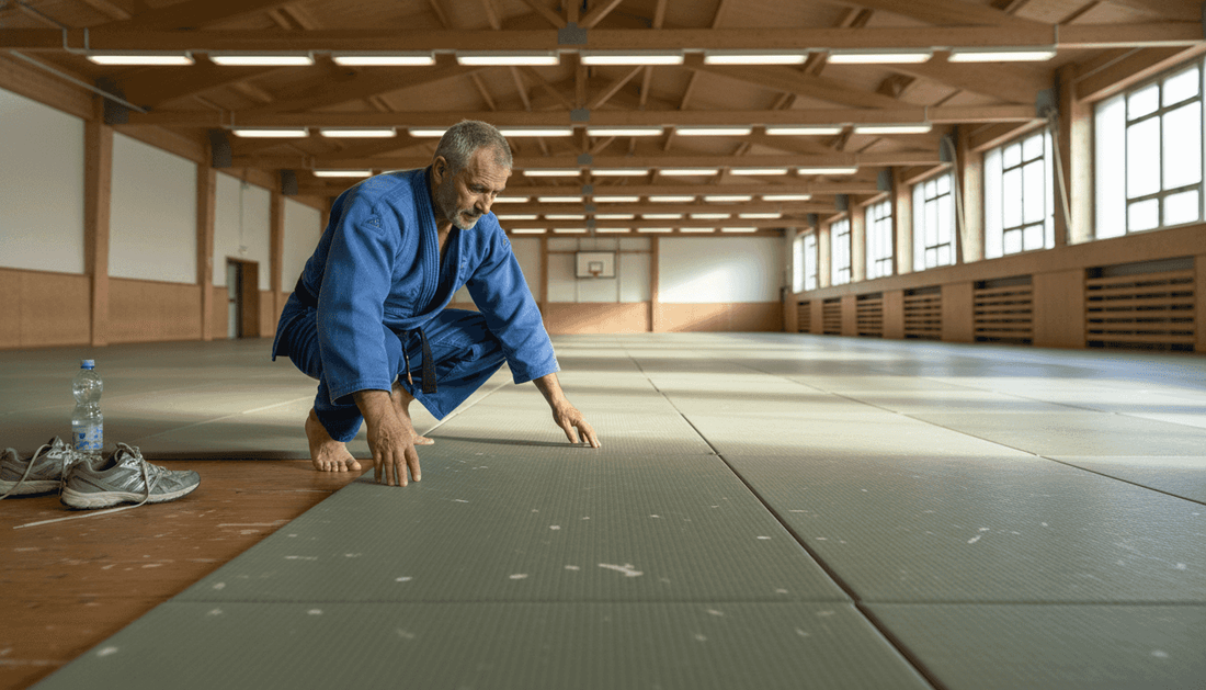 Ein Judotrainer überprüft die Matten im Dojo auf ihre Sicherheit und Sauberkeit.