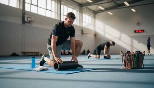 Ein Sportler lockert auf einer Fitnessmatte seine Muskeln mit einer Faszienrolle.