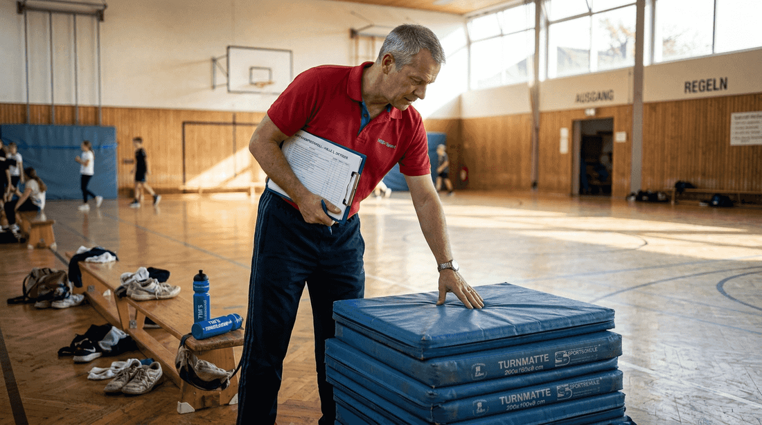 Der Geschäftsführer prüft die Fitnessmatten sorgfältig auf ihre Qualität.