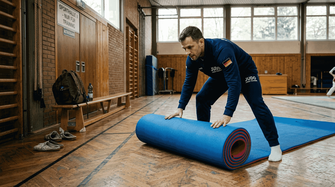 Der Trainer sorgt dafür, dass zertifizierte Matten in der Sporthalle ausgelegt werden.