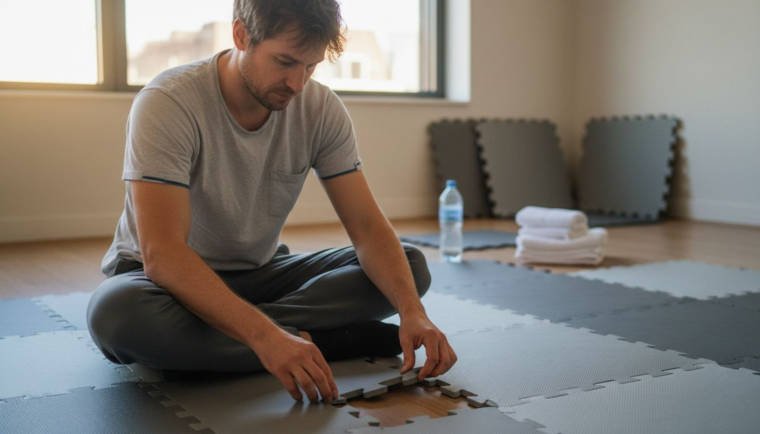 Ein Mann legt verschiedene Puzzlematten auf dem Boden zusammen.