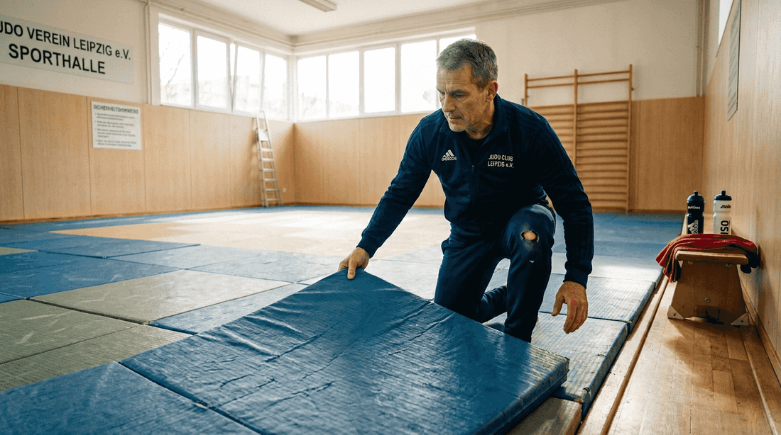 Ein Trainer legt in einer lichtdurchfluteten Sporthalle die Judomatten ordentlich aus.
