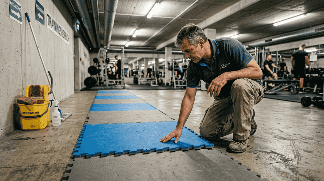 Der Hausmeister überprüft die Trainingsmatten auf ihren Zustand.