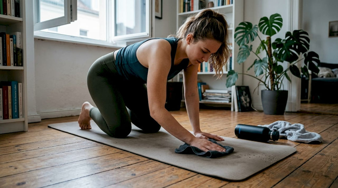 Im Wohnzimmer säubert eine Frau ihre Yogamatte.