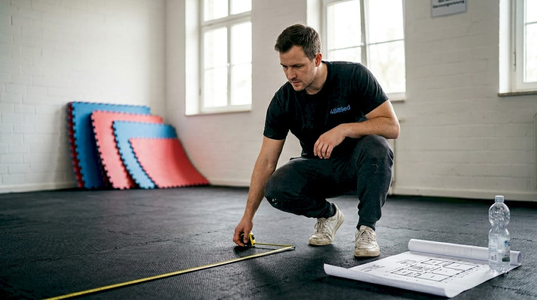 Der Studiobetreiber misst die Fläche der Trainingsmatten im Sportraum aus.