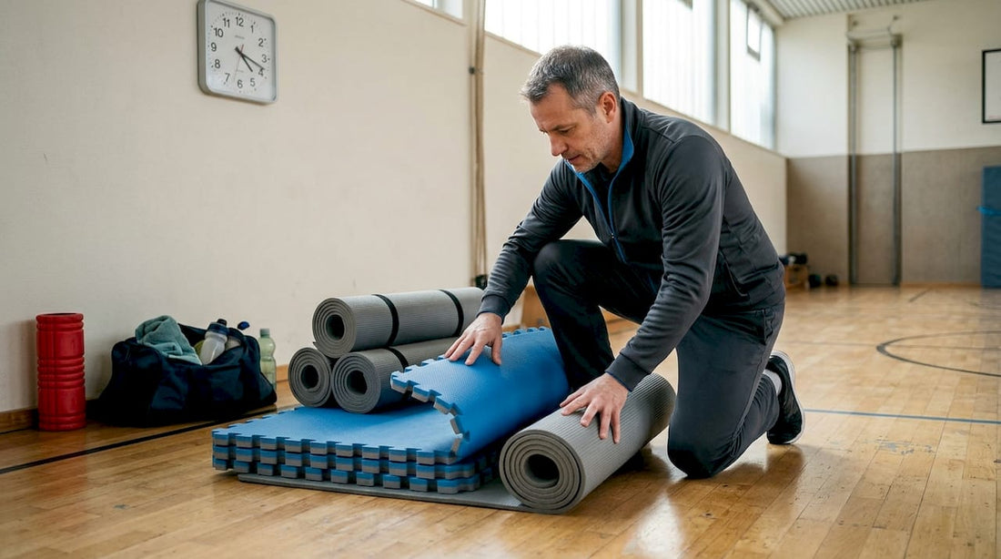 Ein Trainer nimmt im Vereinsraum Steckmatte und Rollmatte genau unter die Lupe und vergleicht, welche Variante sich besser für das Training eignet.