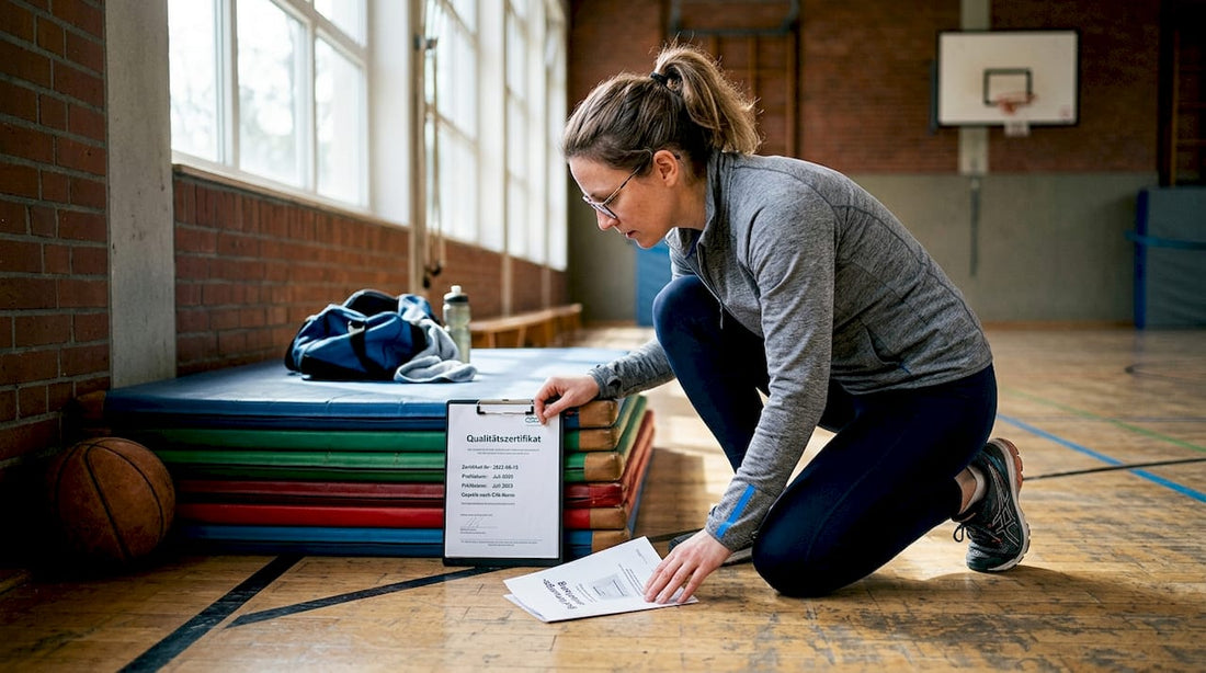 Eine Frau sitzt auf einer Sportmatte im Fitnessstudio und betrachtet ihr Zertifikat.
