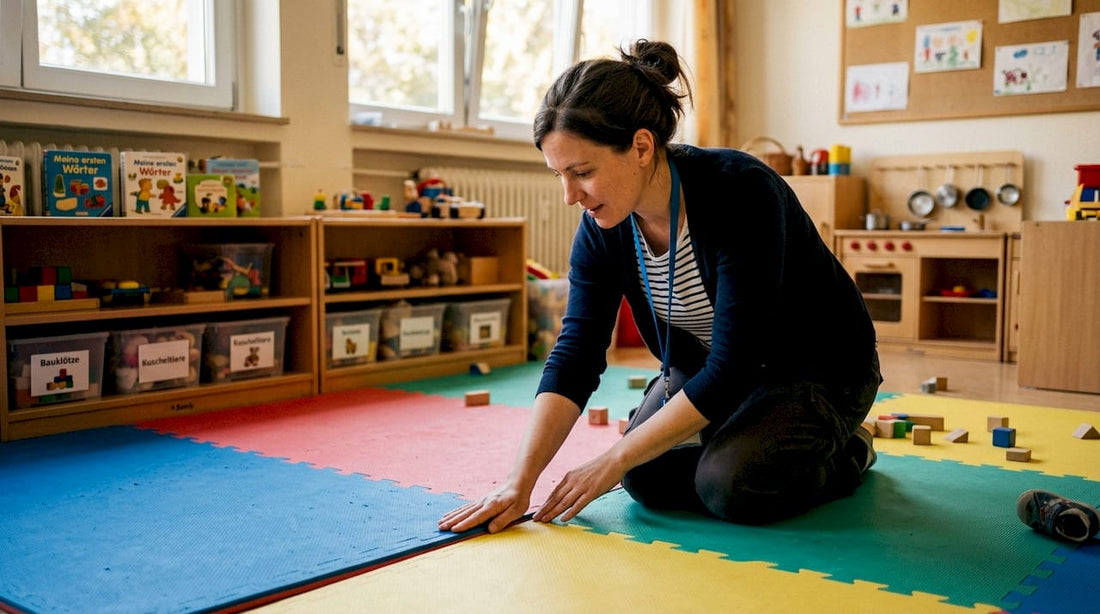 Eine Erzieherin überprüft die Matten auf ihre Sicherheit.