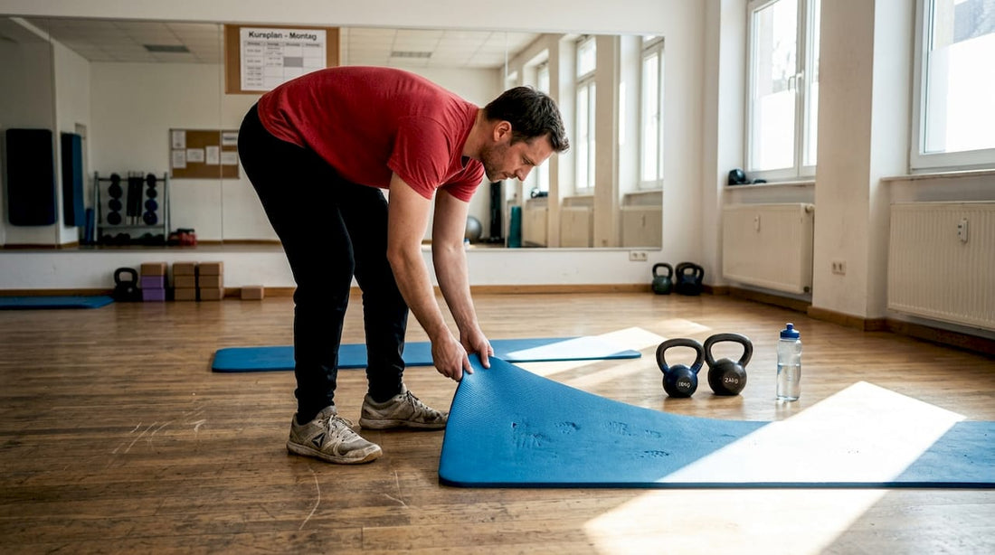 Ein Trainer richtet im Fitnessstudio eine dicke Matte zurecht.