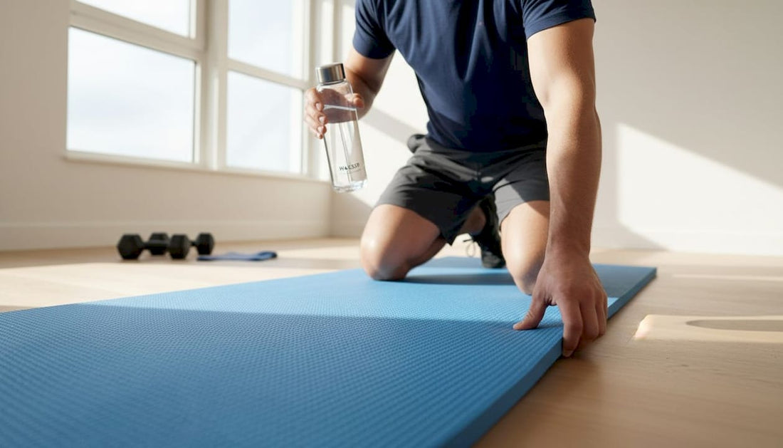 Ein Trainer legt im eigenen Fitnessraum eine EVA-Sportmatte aus und richtet sie sorgfältig aus.