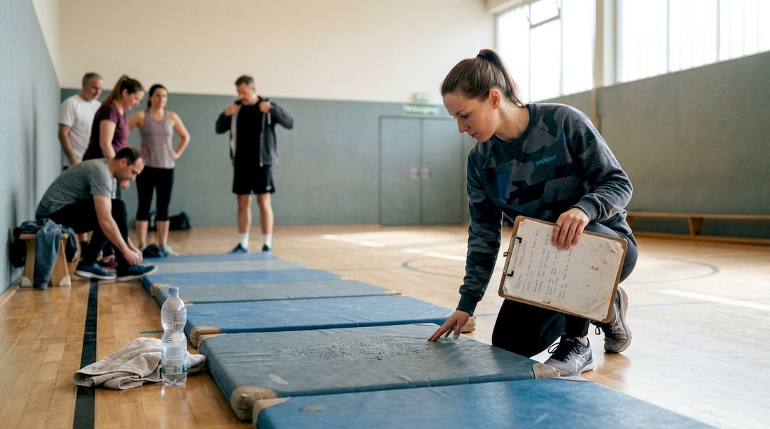 Bevor der Gruppenkurs startet, kontrolliert die Trainerin sorgfältig die Matten in der Sporthalle.