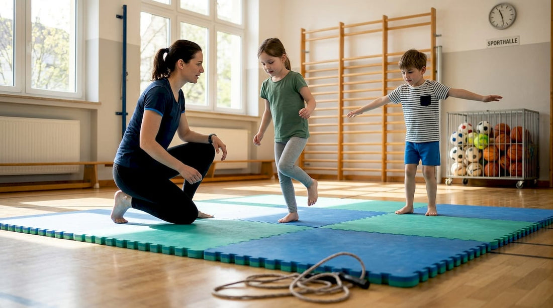 Eine Trainerin betreut spielerisch eine Kindergruppe auf farbenfrohen Gymnastikmatten.