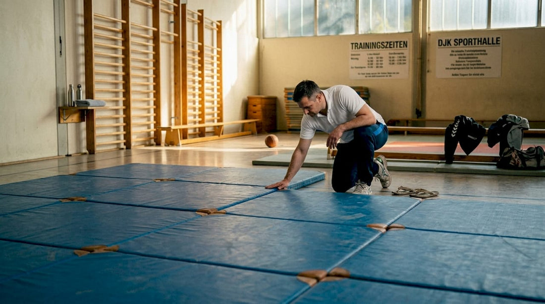 Nach dem Training wirft der Judotrainer noch einen prüfenden Blick auf die Matten, um sicherzustellen, dass alles in Ordnung ist.