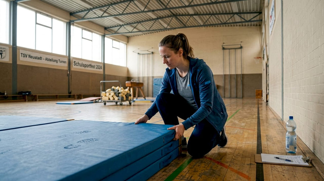 Ein Trainer überprüft die Ränder der Turnmatten in der Sporthalle, um sicherzustellen, dass alles ordentlich liegt und keine Stolpergefahr besteht.