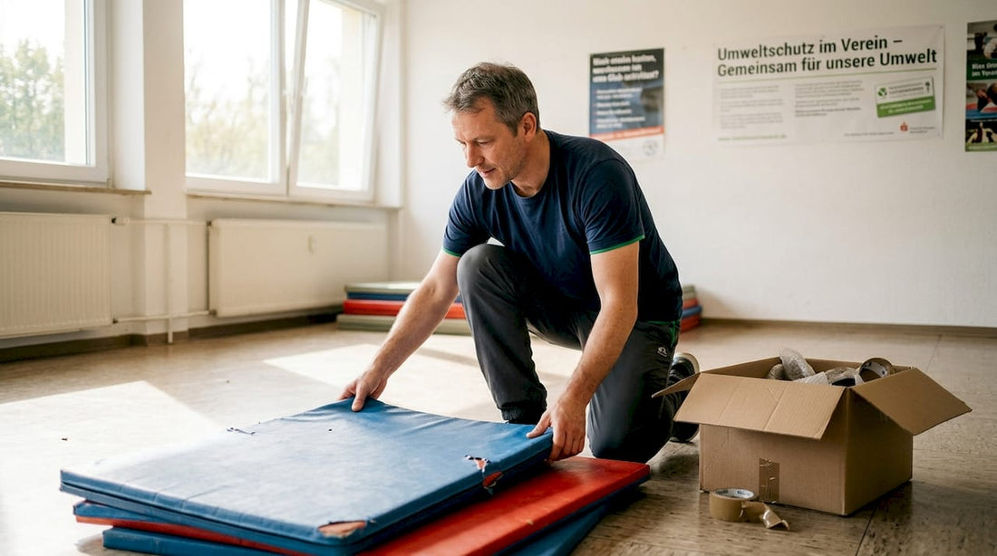 Der Vereinsvorsitzende bringt die gebrauchten Turnmatten wieder in Ordnung und sortiert sie für den nächsten Einsatz.