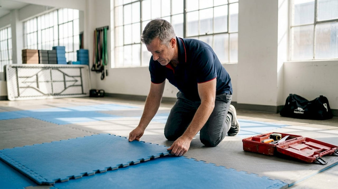 Der Trainer sorgt dafür, dass die rutschfesten Matten ordentlich und sicher auf dem Boden liegen.