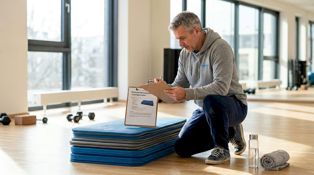 Der Studioleiter überprüft, ob die Trainingsmatten ordentlich gestapelt und einsatzbereit sind.