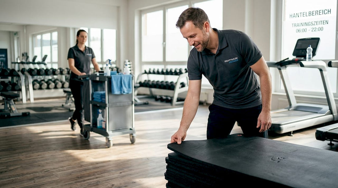 Der Studioleiter überprüft die Trainingsmatten im Fitnessstudio auf Sauberkeit und Zustand.
