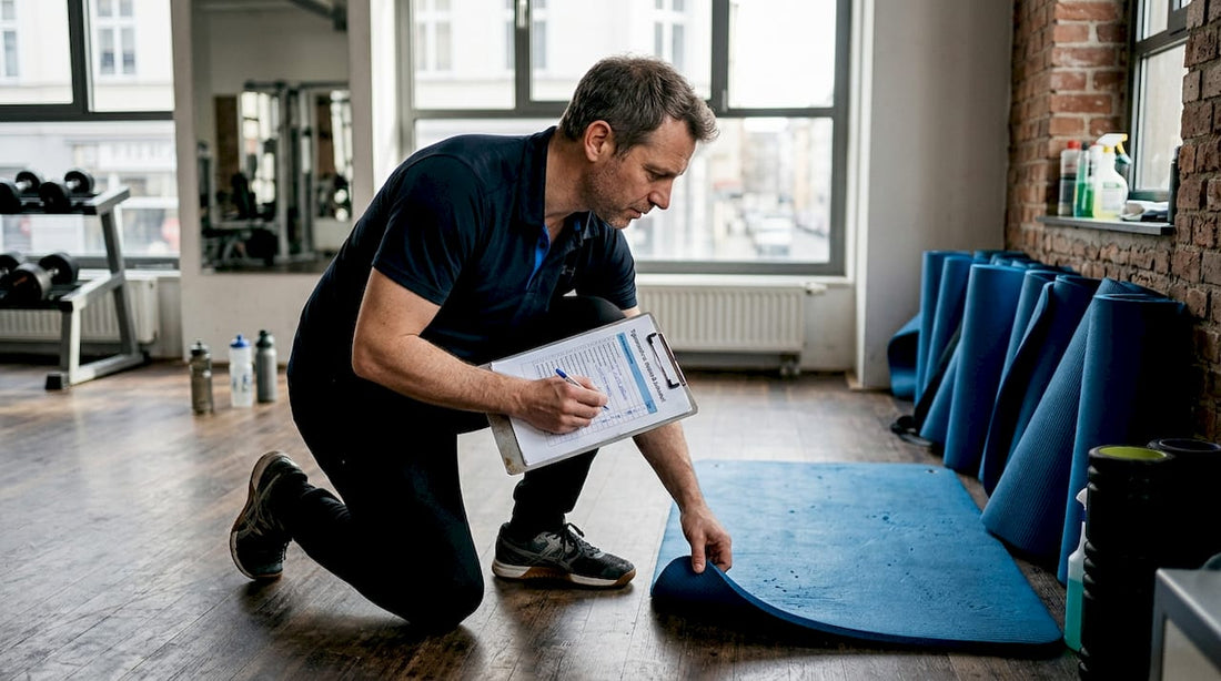 Der Studioleiter überprüft die Trainingsmatten auf Sauberkeit und Zustand.