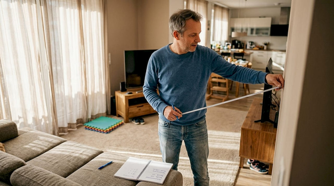 Ein Mann prüft, wie die Matten im Wohnzimmer ausgelegt sind.