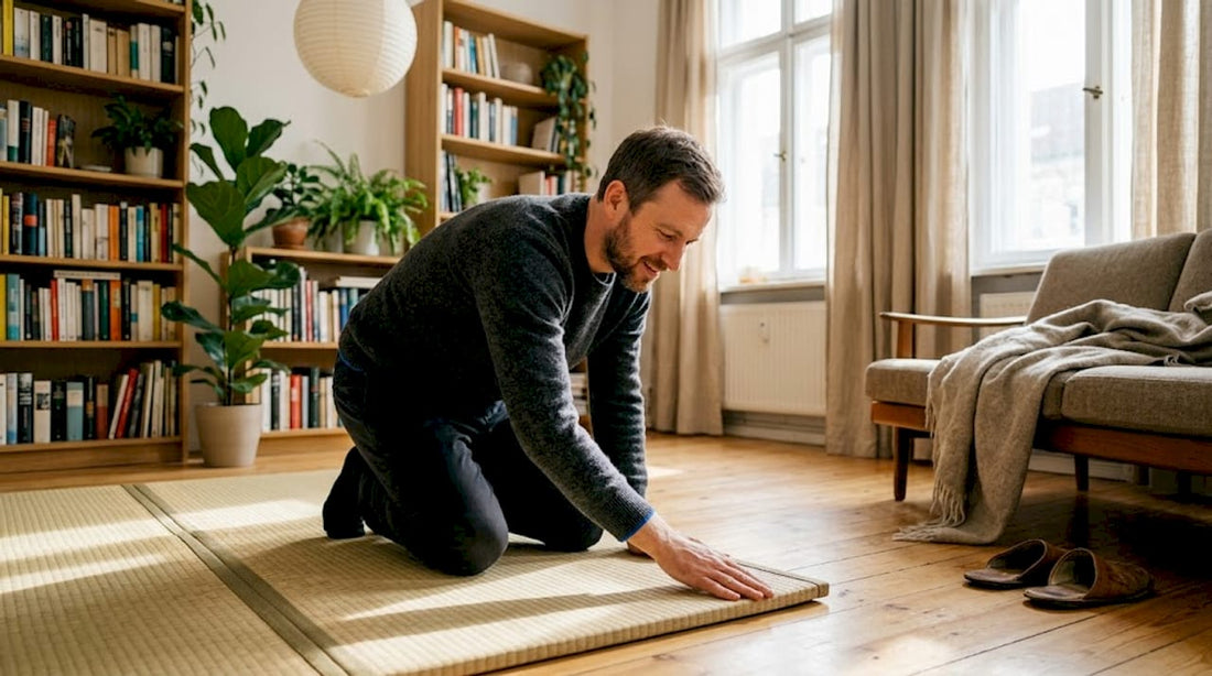 Ein Mann breitet eine Tatami-Matte im Wohnzimmer aus.