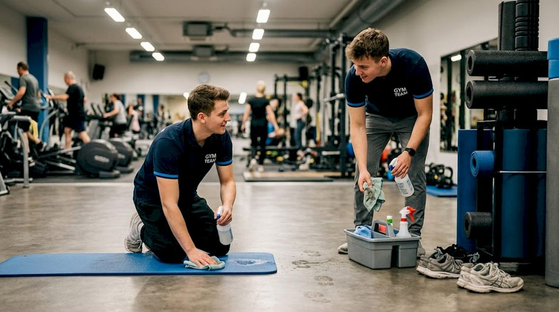 Die Mitarbeiter im Fitnessstudio sorgen regelmäßig dafür, dass die Trainingsmatten sauber und hygienisch bleiben.