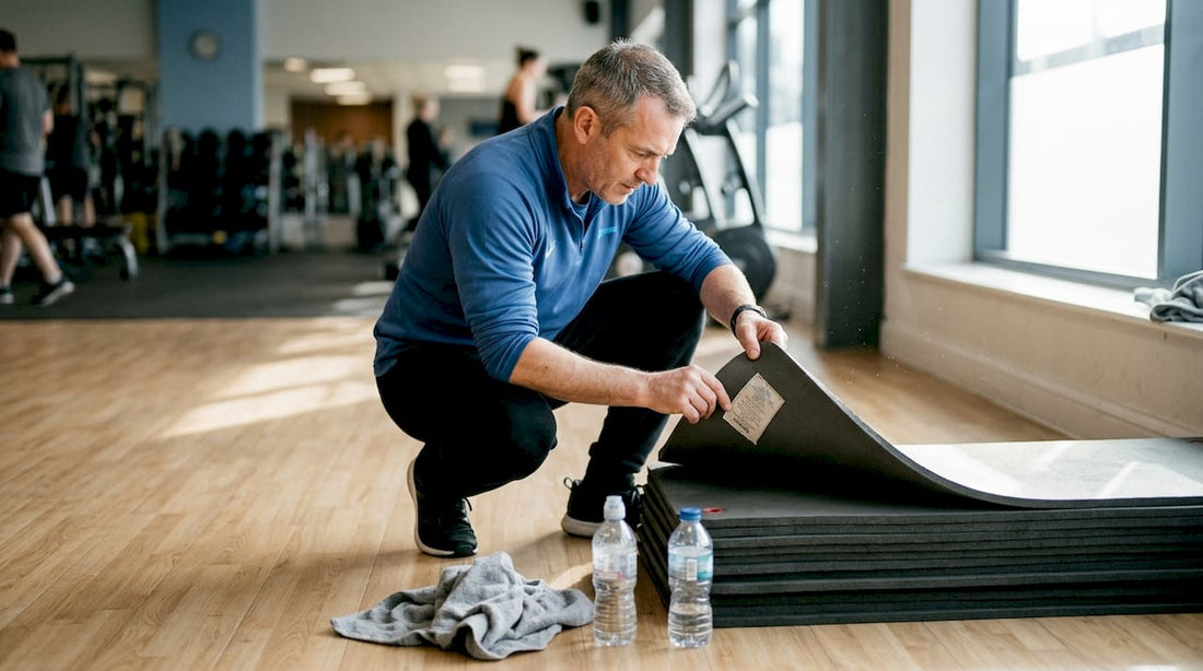 Der Trainer prüft die Matten sorgfältig auf mögliche Allergene, um den Teilnehmern ein sicheres Training zu gewährleisten.