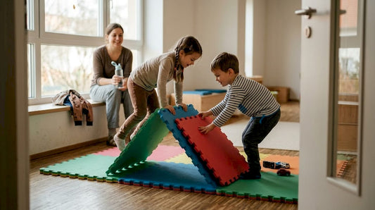 In der Kita tollen die Kinder fröhlich auf bunten Schaumstoffmatten herum.