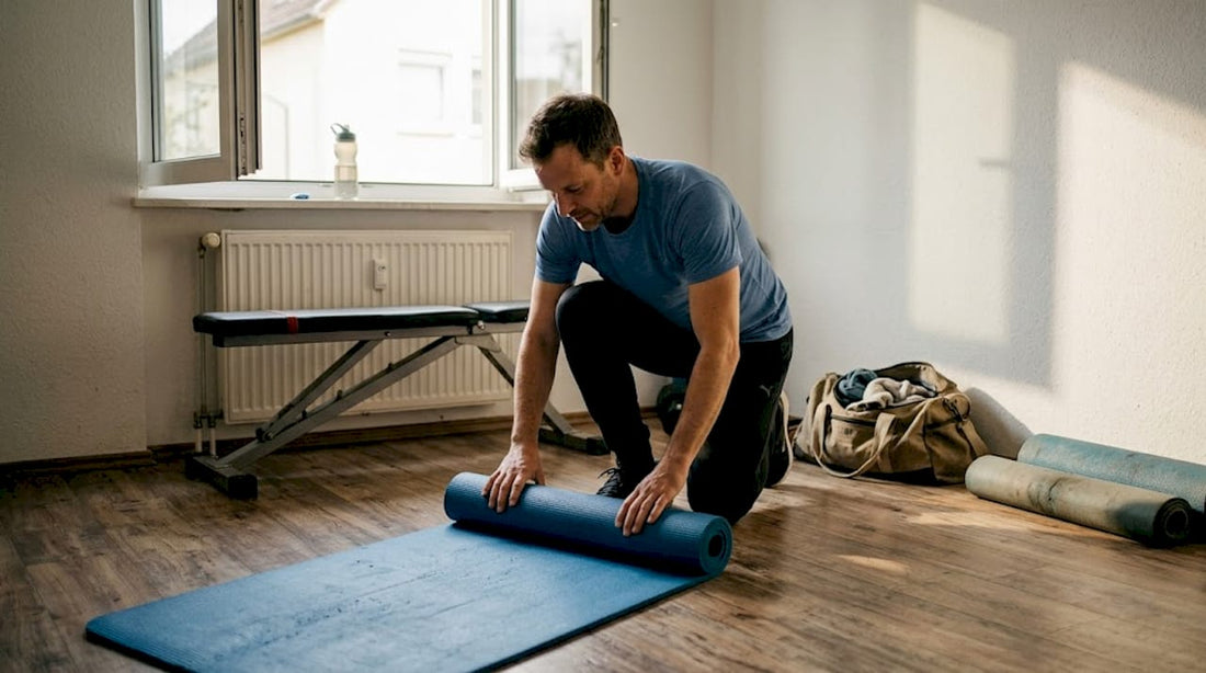 Ein Mann breitet in seinem heimischen Fitnessraum eine Gymnastikmatte aus.