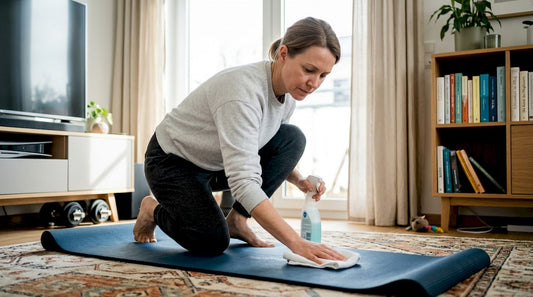 Eine Frau wischt ihre Sportmatte im Wohnzimmer sauber.