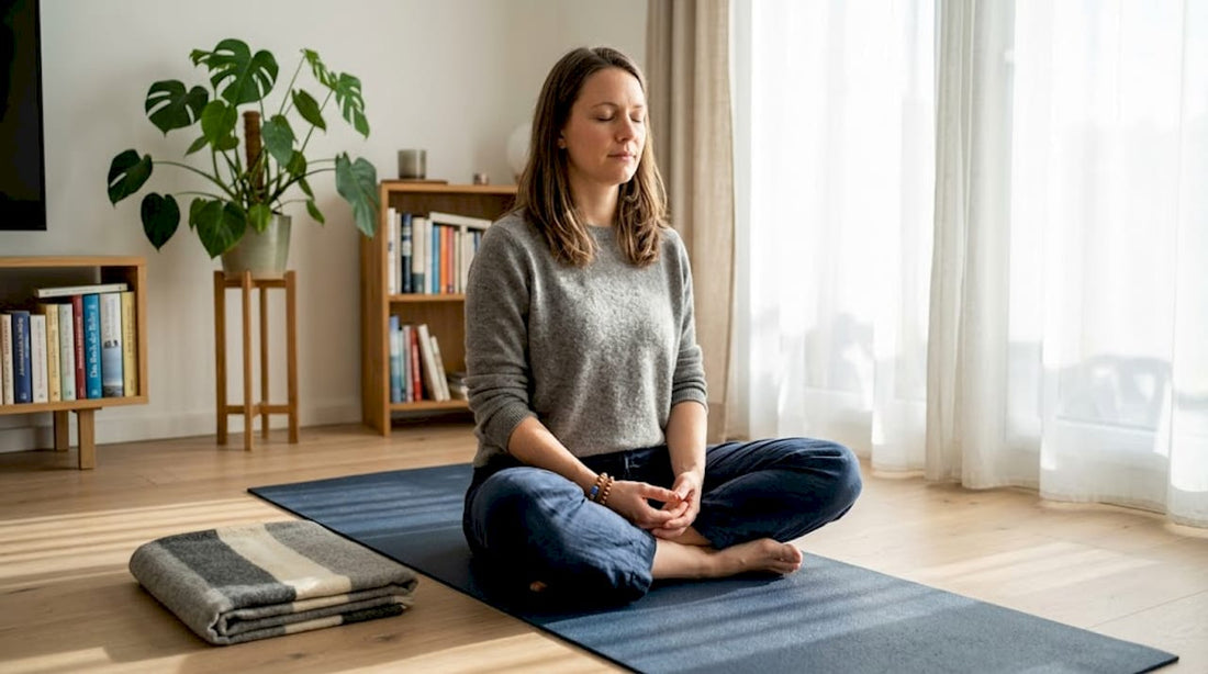 Eine Frau sitzt entspannt auf ihrer Meditationsmatte und nimmt sich zu Hause bewusst Zeit für Achtsamkeit.