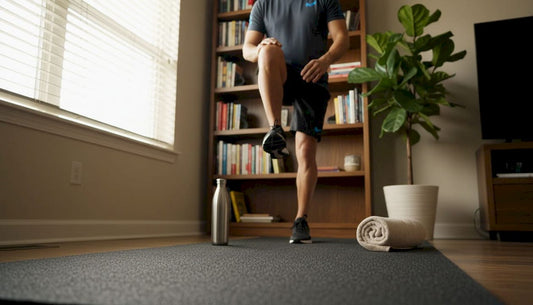 Ein Sportler dehnt sich auf einer rutschfesten Trainingsmatte.