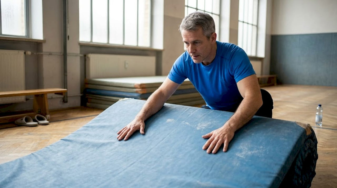 Der Judotrainer bereitet die Sporthalle vor und legt die Matten aus.