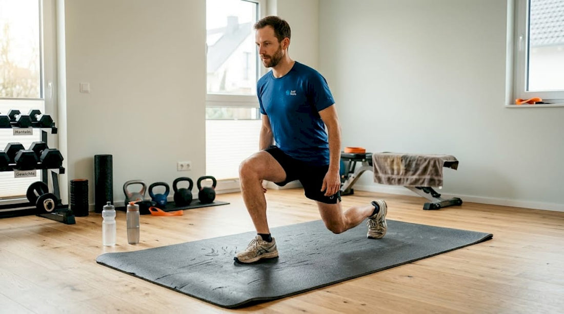 Ein Mann absolviert sein Training auf einer großzügigen Fitnessmatte und achtet dabei auf Sicherheit.