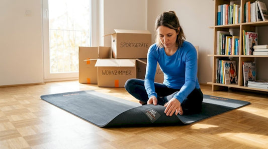 Im Wohnzimmer begutachtet eine Frau aufmerksam ihre neue Fitnessmatte.
