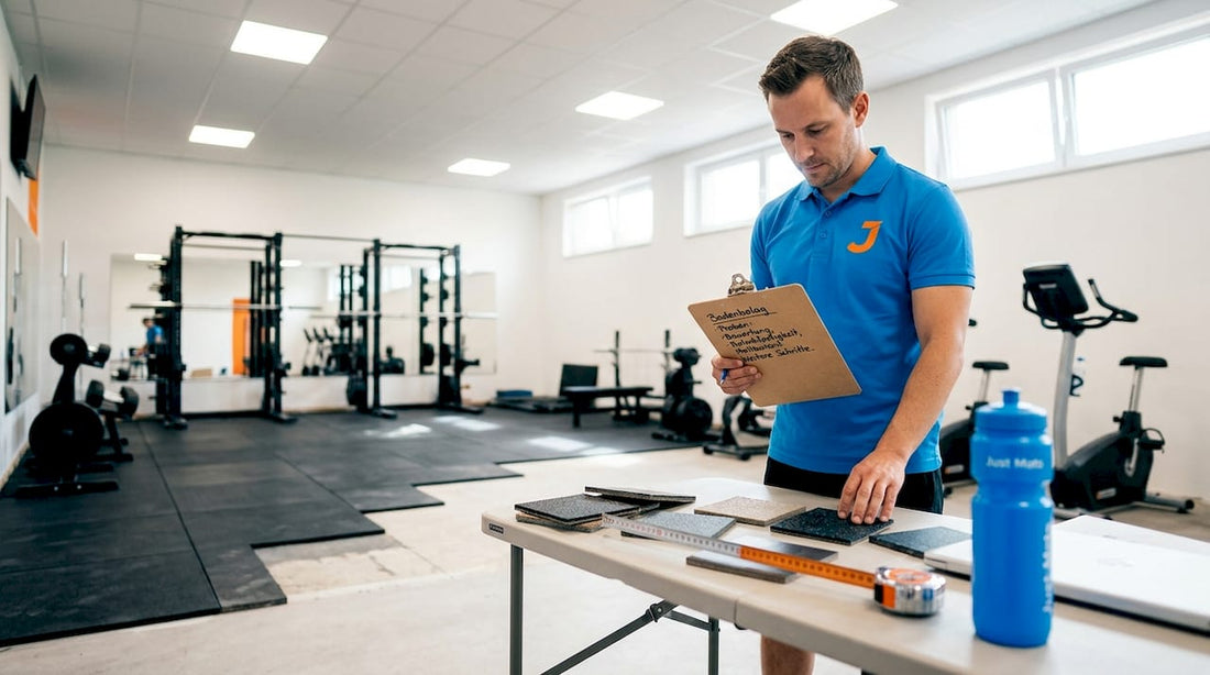 Ein Fitnessstudiobetreiber begutachtet verschiedene Bodenbeläge direkt vor Ort im Trainingsraum.