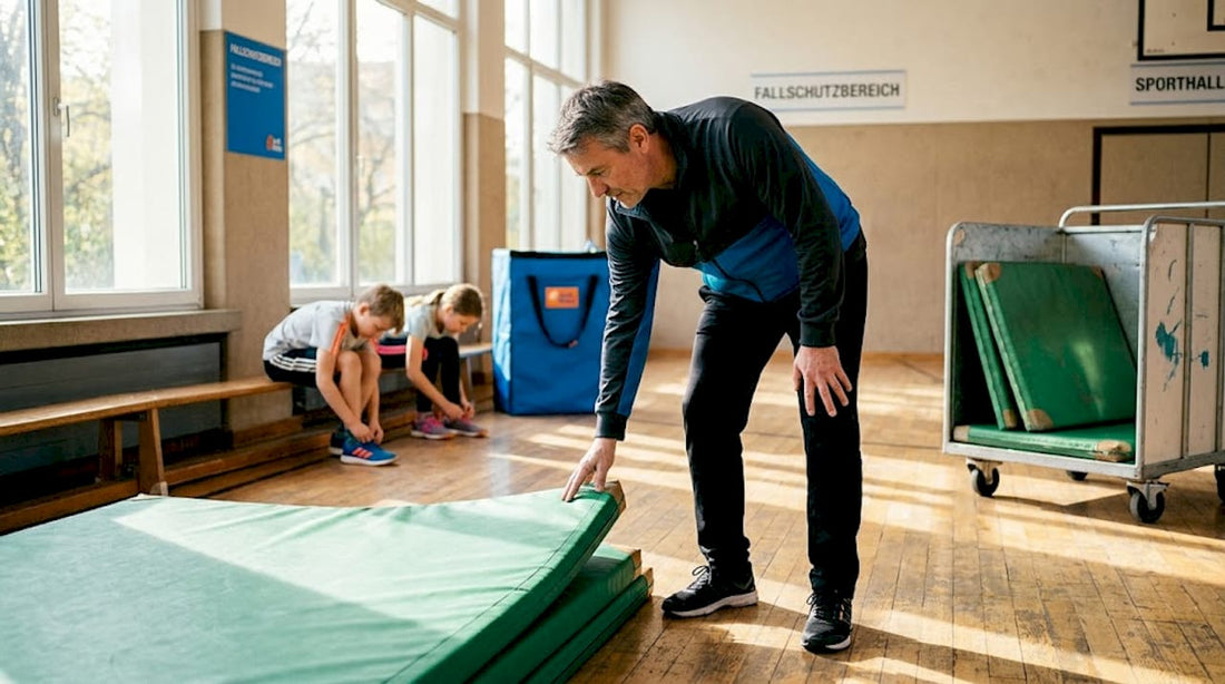 Bevor der Sportunterricht beginnt, kontrolliert der Sportlehrer sorgfältig die Fallschutzmatten in der Turnhalle, um die Sicherheit der Schülerinnen und Schüler zu gewährleisten.
