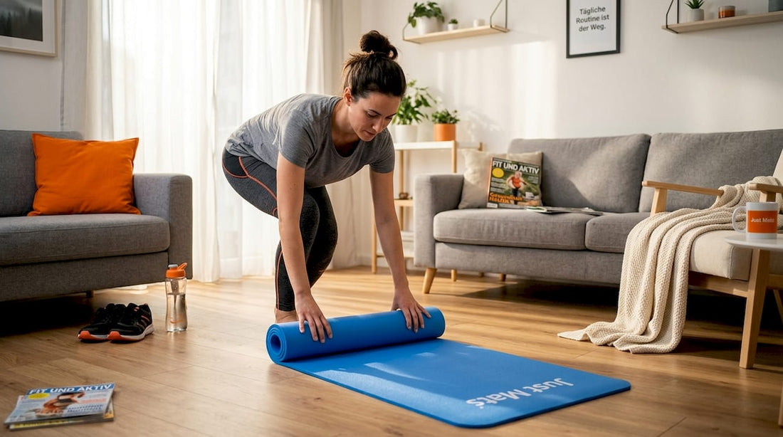 Eine Frau rollt ihre schadstofffreie Yogamatte für das Training aus.